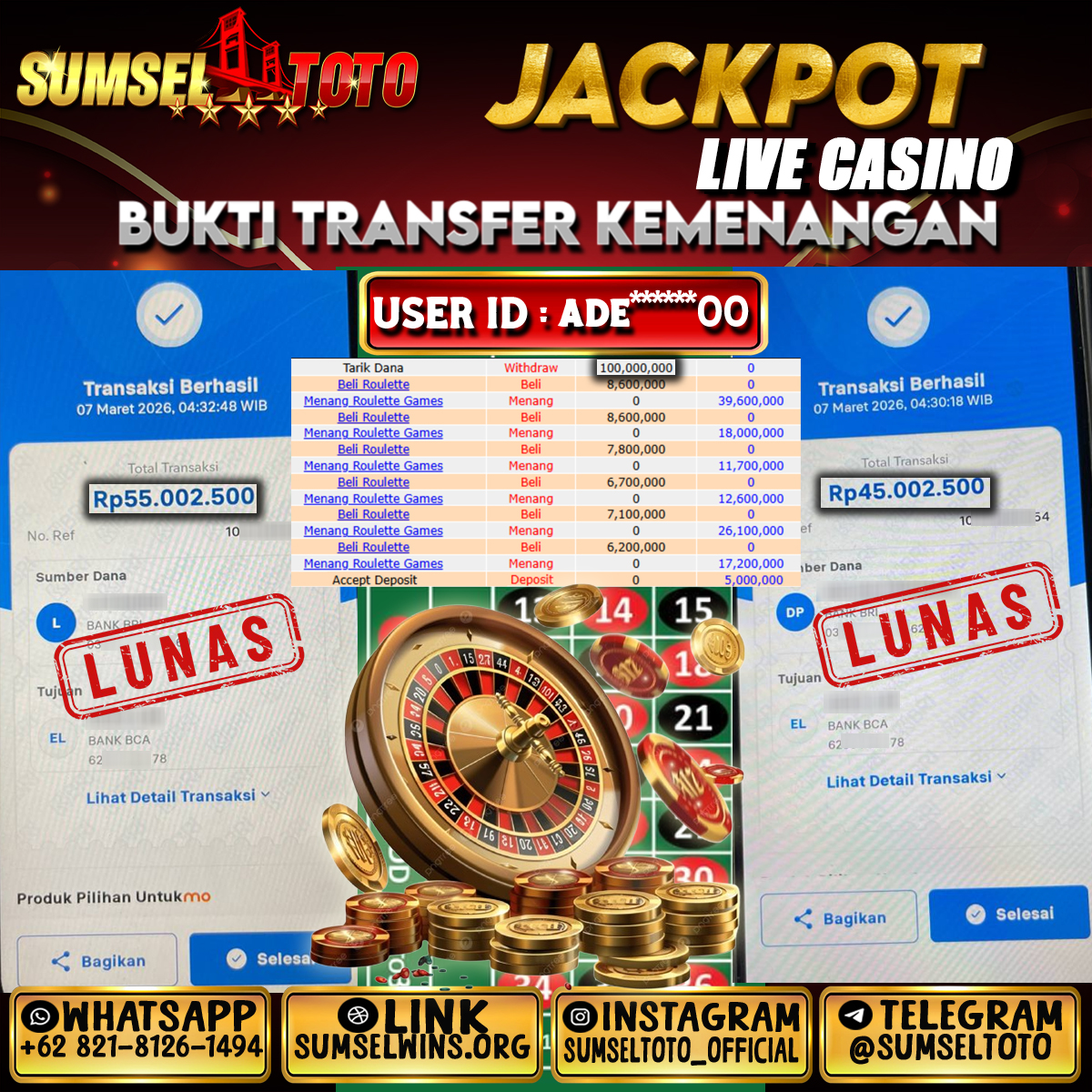 SUMSELTOTO JACKPOT ROULETTE Rp.100,000,000.,- LUNAS